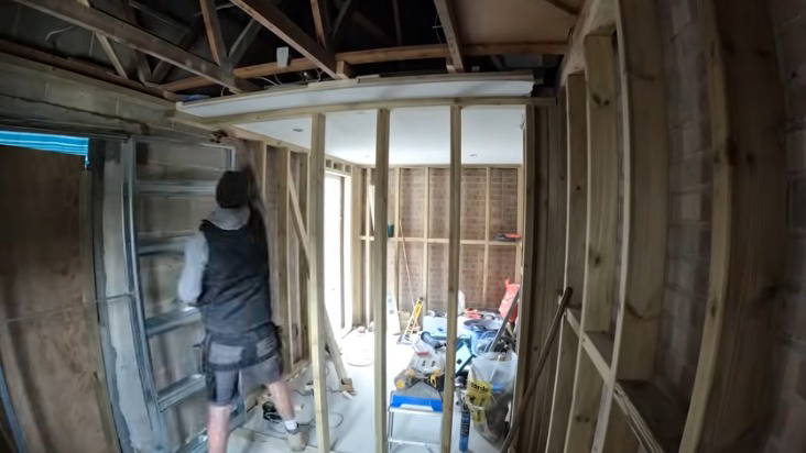 Garage conversion in Exminster with new internal framing and insulation work underway